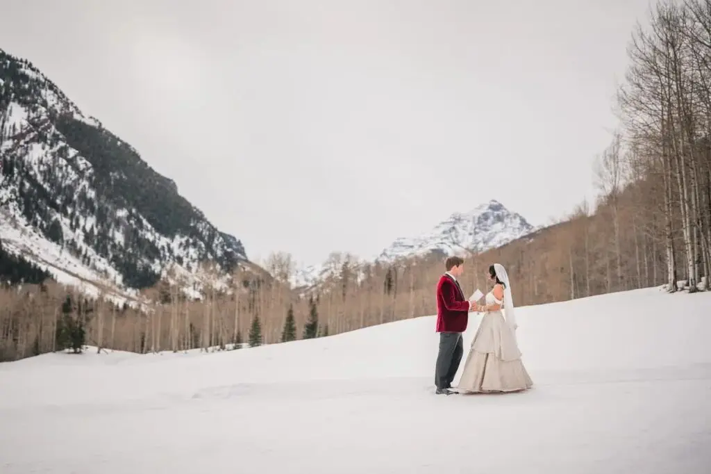 bride and groom during mountain wedding portraits in Aspen