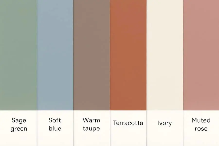 Summer photo color palette: sage green, soft blue, warm taupe, terracotta, ivory, and muted rose