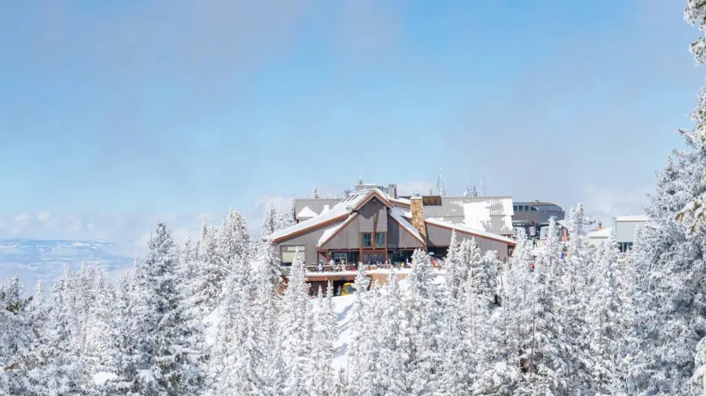 The Sundeck lodge wedding venue on Aspen Mountain surrounded by snow covered trees