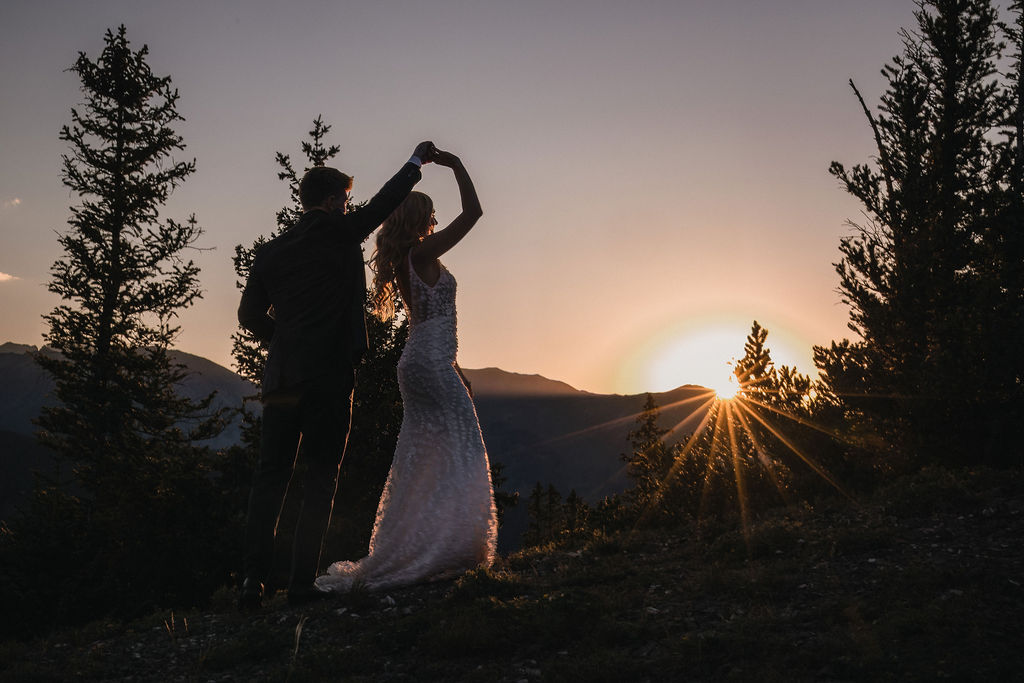 Sunset first dance at Smith Cabin Aspen wedding